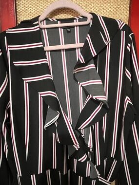 Black Striped Ruffle Front Blouse with Pink & White Accents